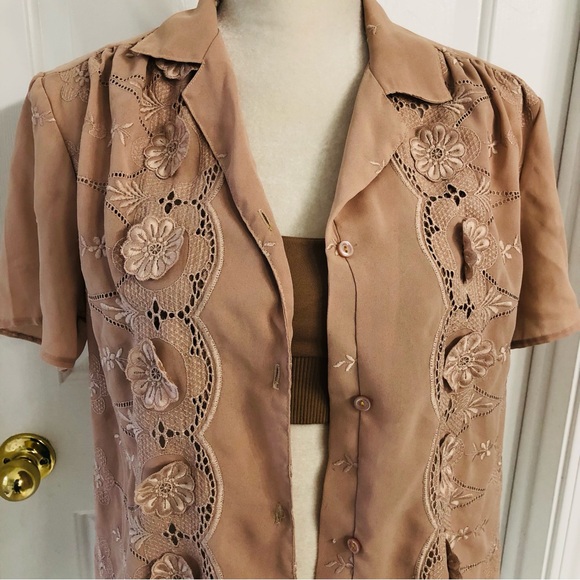 Vtg D.J. Women’s blouse Sz XL brown Floral print short sleeve sheer button USA - Picture 2 of 10